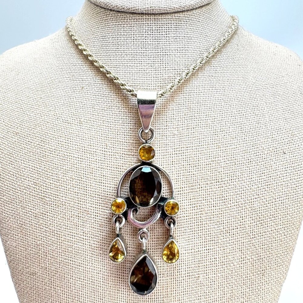 Smoky Quartz & Citrine Lavalier Pendant VTG 925 Sterling Silver 30" Rope Chain